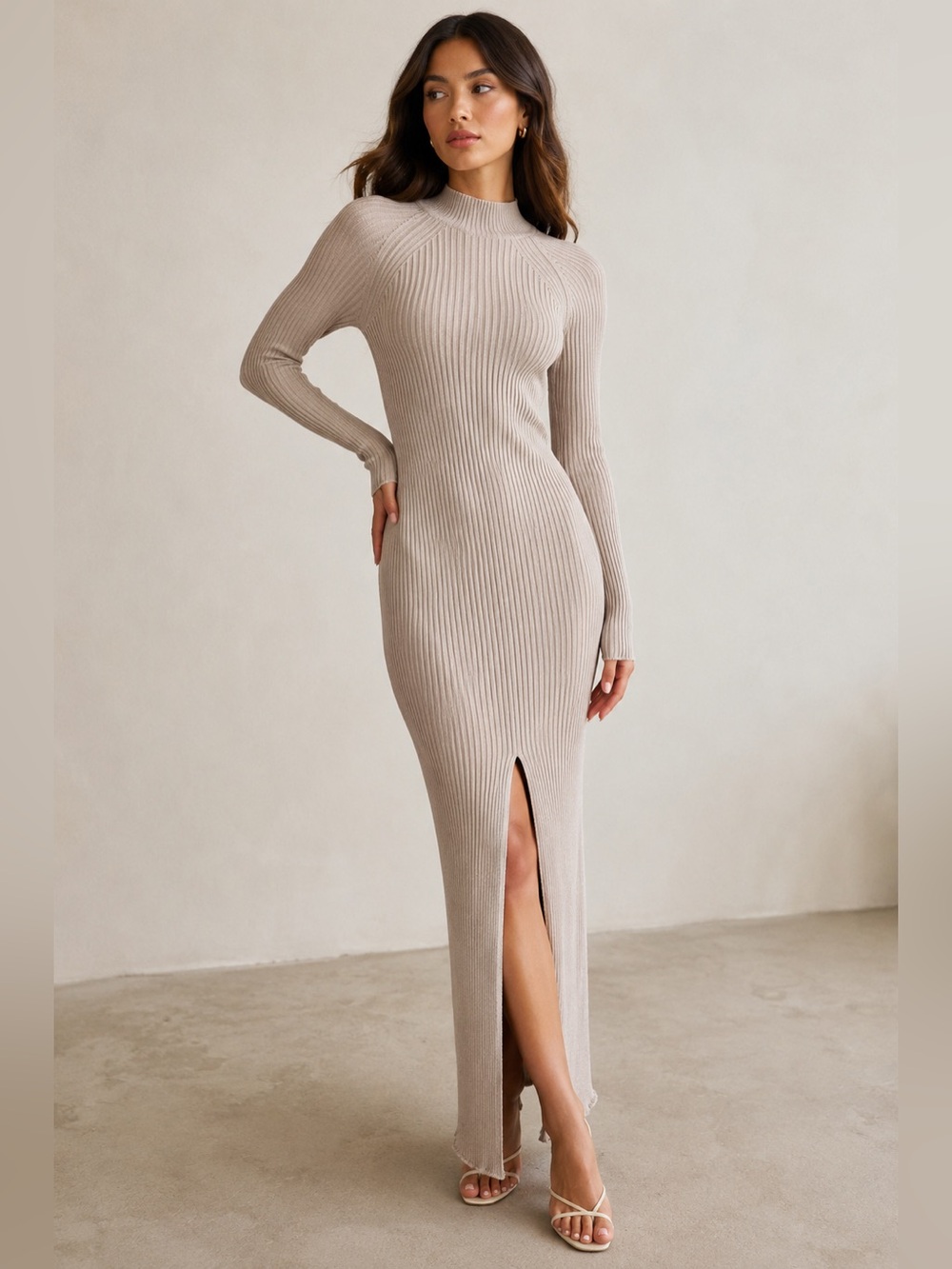 Wilfred Alchemy Dress Medium Heather Light Birch Ribbed Knit Maxi Slit Chic Glam